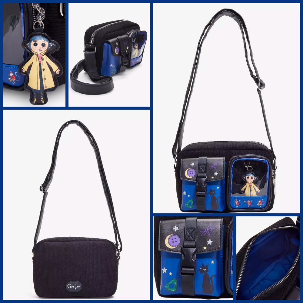 Coraline Corduroy Crossbody Bag w/Doll & Button Key Charm Black/Blue Handbag NWT